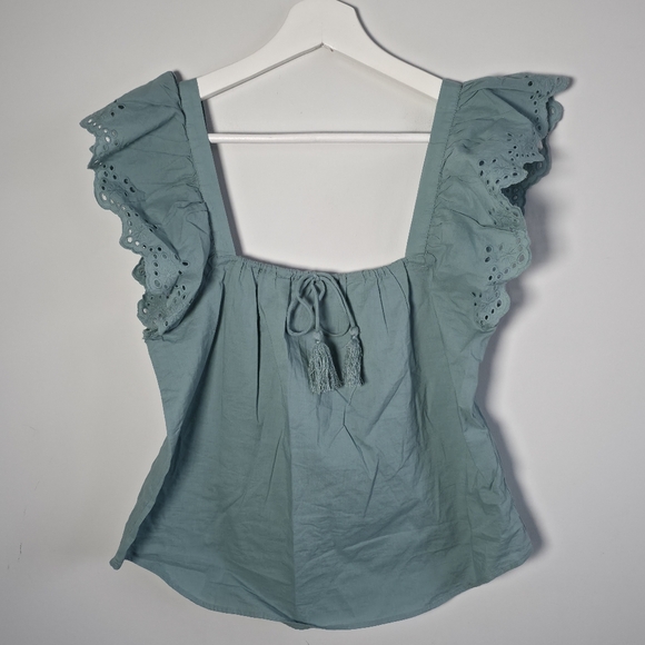 RW&CO Sage Green Cotton Eyelet Ruffle Sleeve Blouse Square Neck Top M - Picture 2 of 10